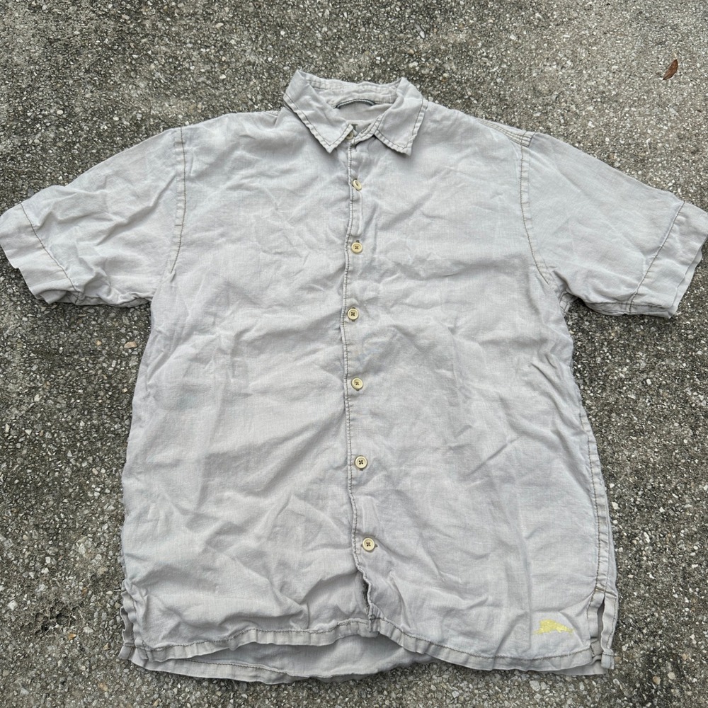 Tommy Bahama Relax Mens Small Beige 100% Linen Short Sleeve Button Down Shirt